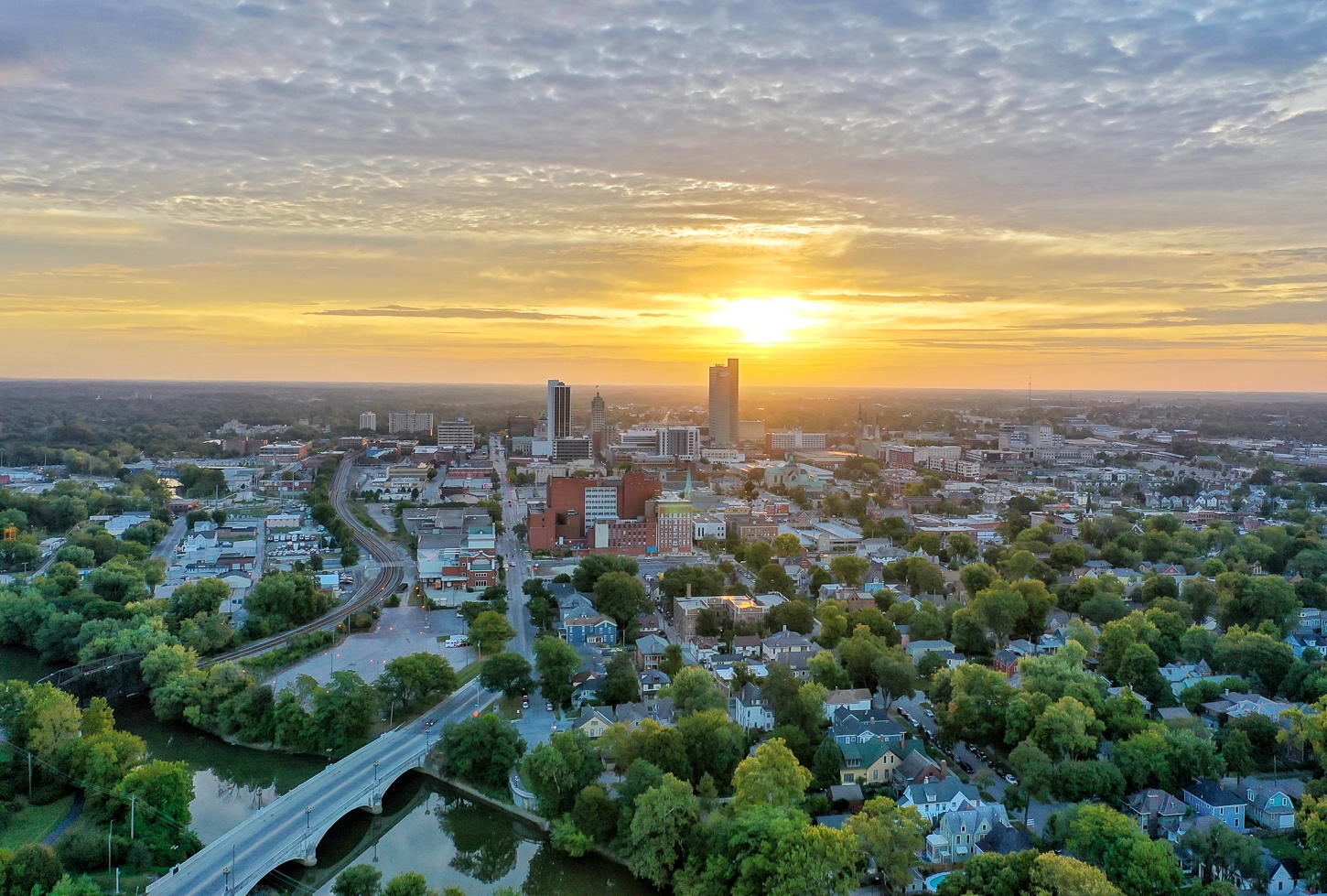 Aerial view of Fort Wayne at sunset